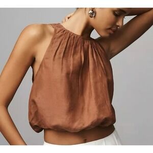 By Anthropologie Linen Bubble Crop Top Brown‎ Pleated Sleeveless Tank Lined XXS